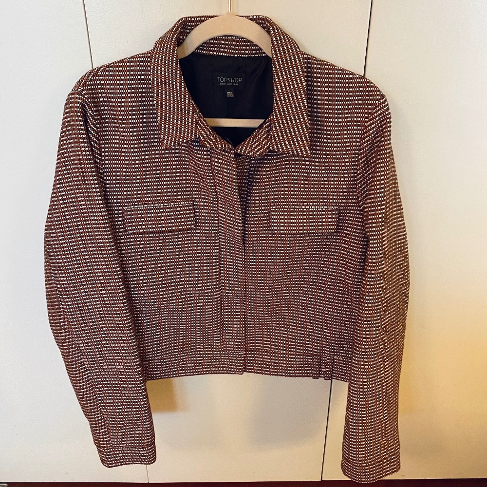 NWOT Topshop 60s Orange White Black Plaid Jacket Size 12/Large